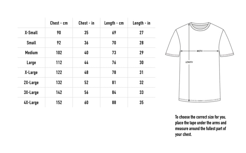 Size chart for 2023 Tour Tee - White